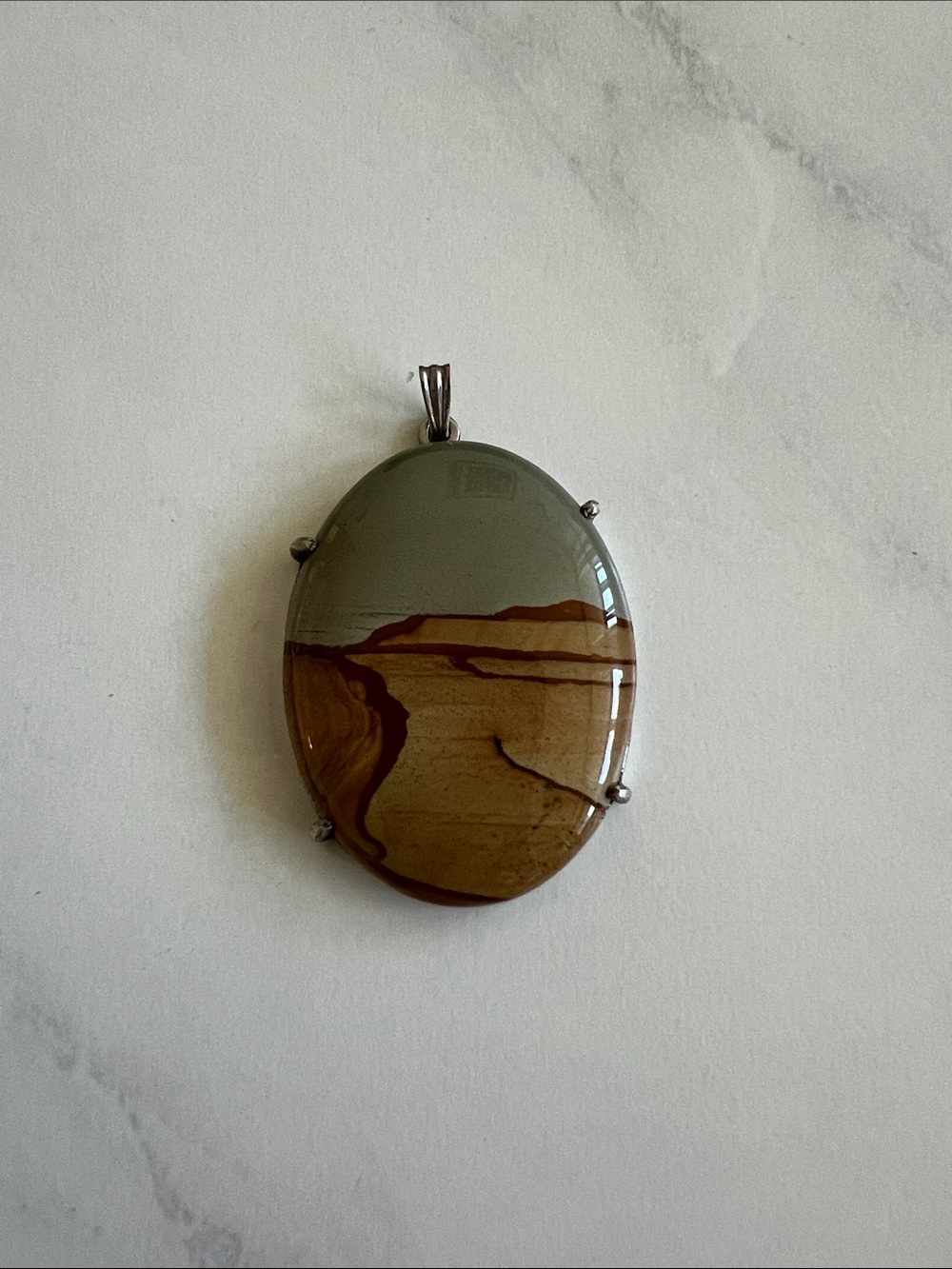 VINTAGE Brown and Olive Landscape Jasper Oval Pendant Sterling Silver Setting